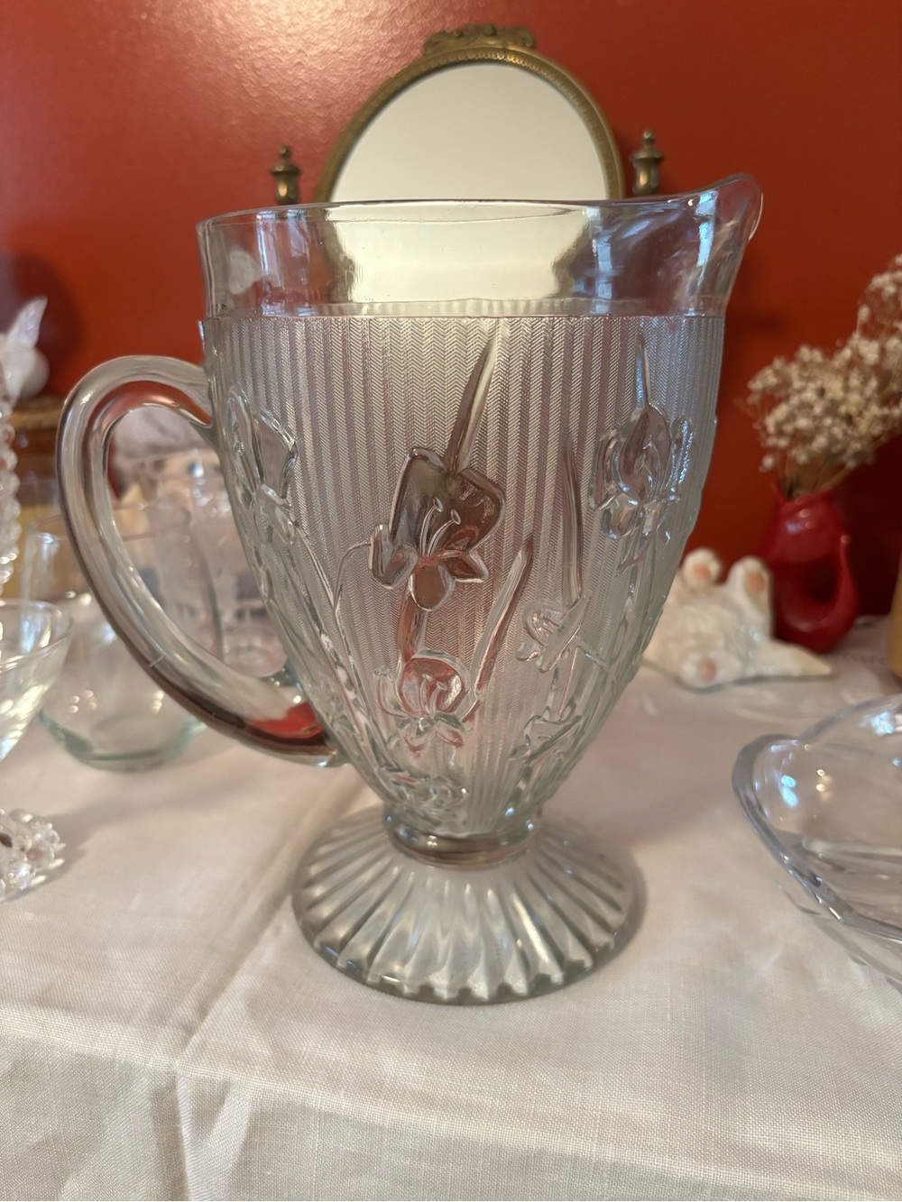 Depression Glass 'Iris' Pattern Pitcher, Jeannette Glass Co